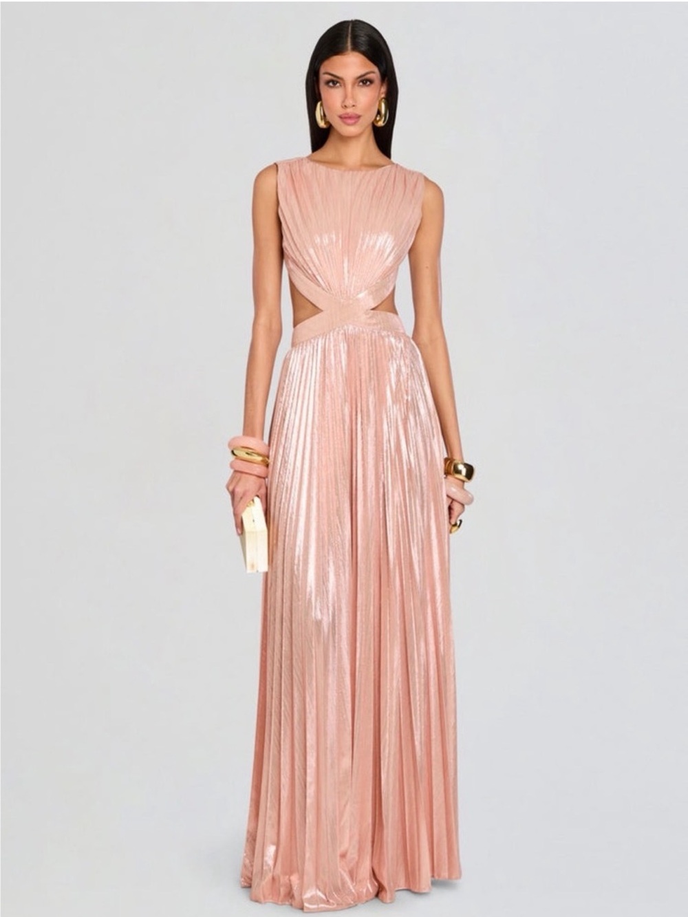 Retrofete Metallic Blush Pink Cutout Pleated Maxi Gown NWT